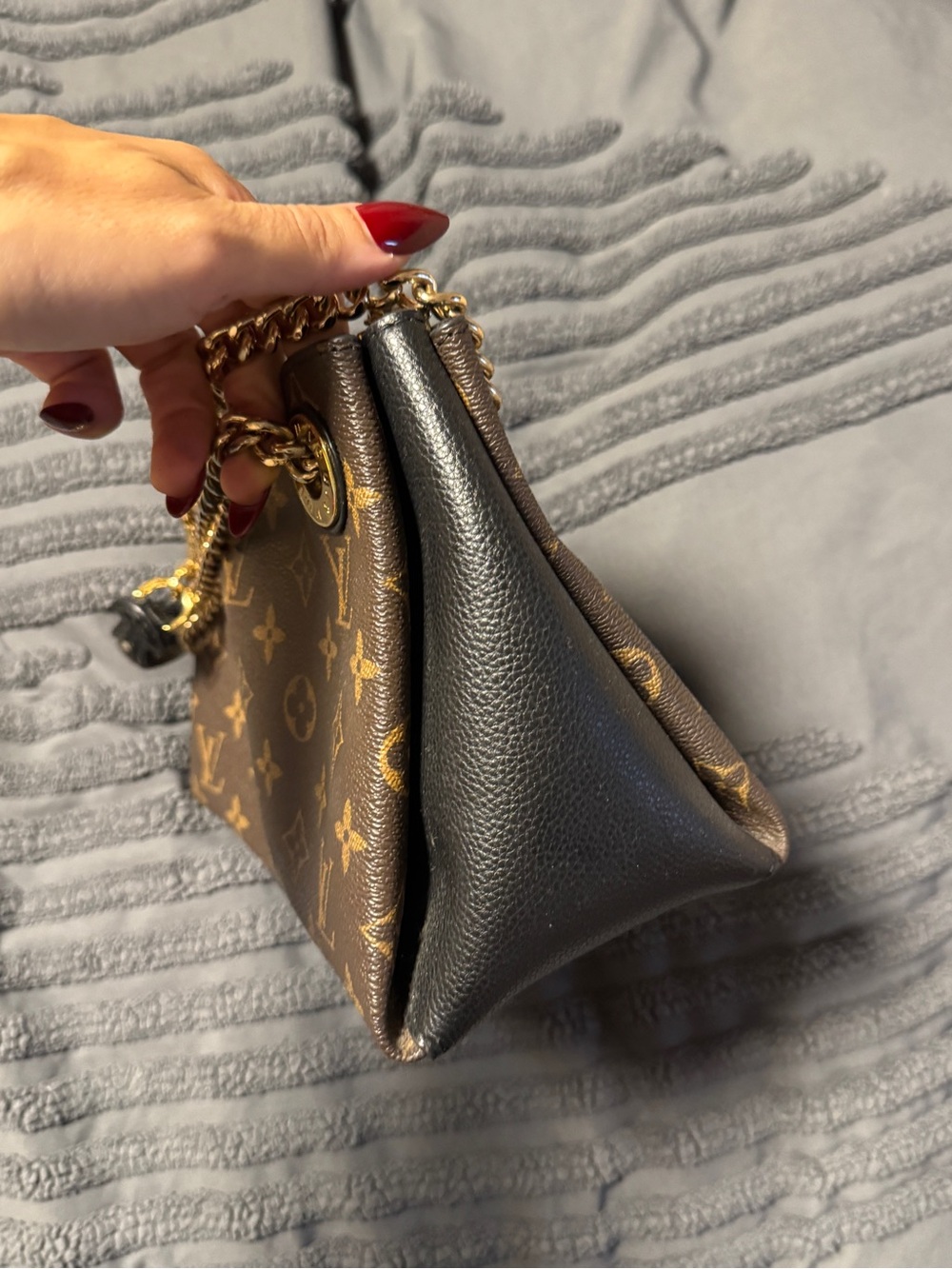 Louis Vuitton Brown Monogram Mini Bag with Black Side Panels and Gold Chain